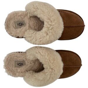 UGG Slippers Women 5 Slip-On Brown Suede Sheepskin Collar Lining Comfort Classic